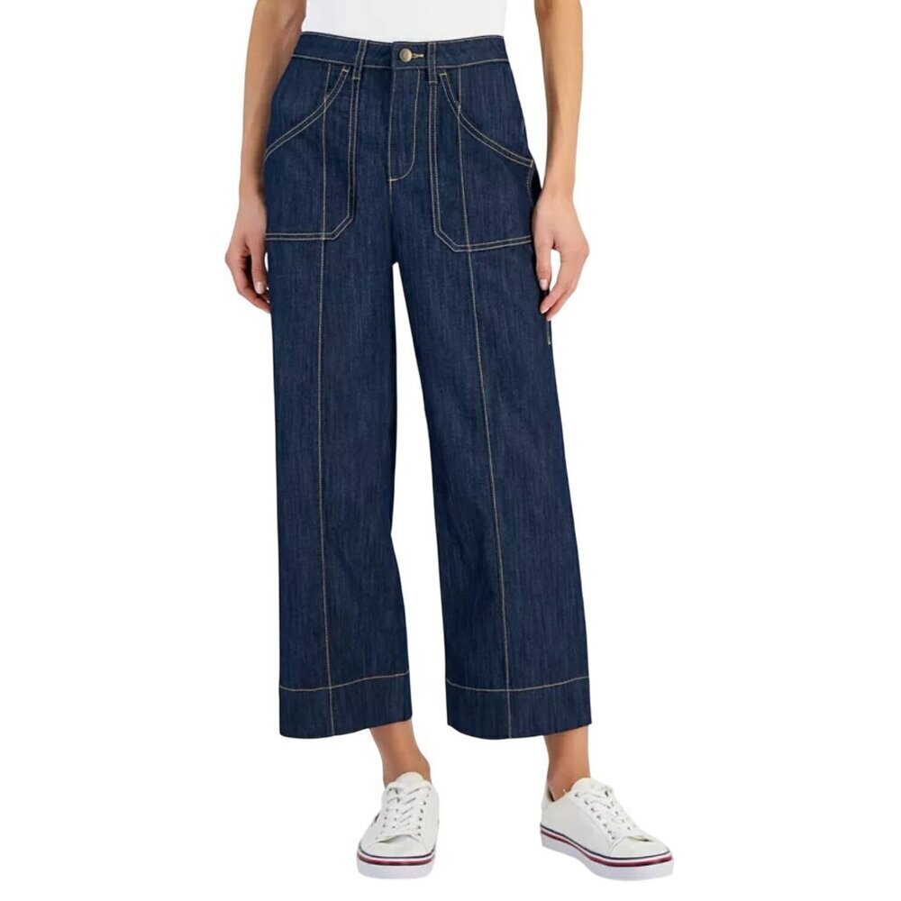 NWT Tommy Hilfiger High Rise Wide Leg Ankle Jeans 12 Dark Wash Denim MSRP $100